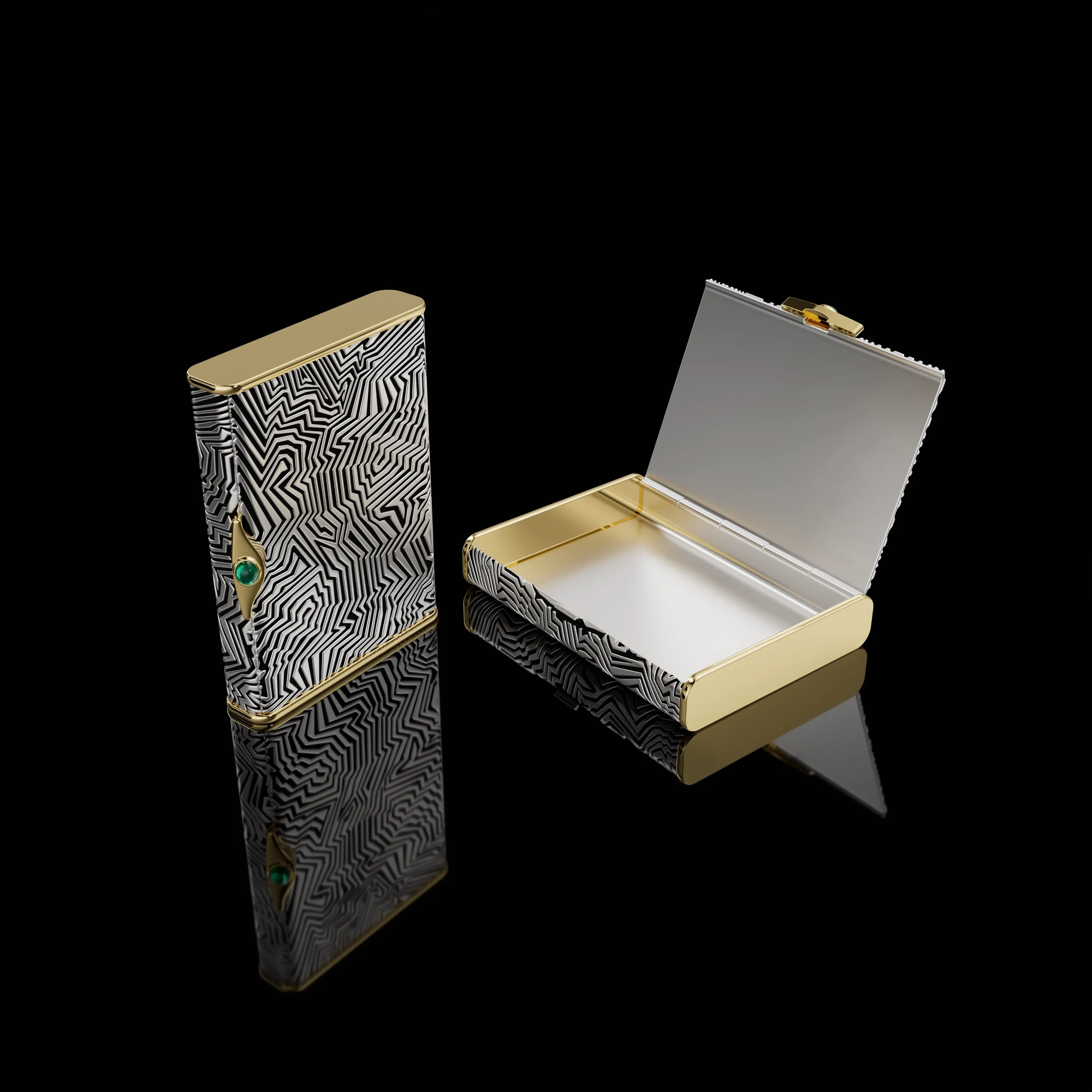 Open silver and gold cigarette case with geometric engraved sides on a black background