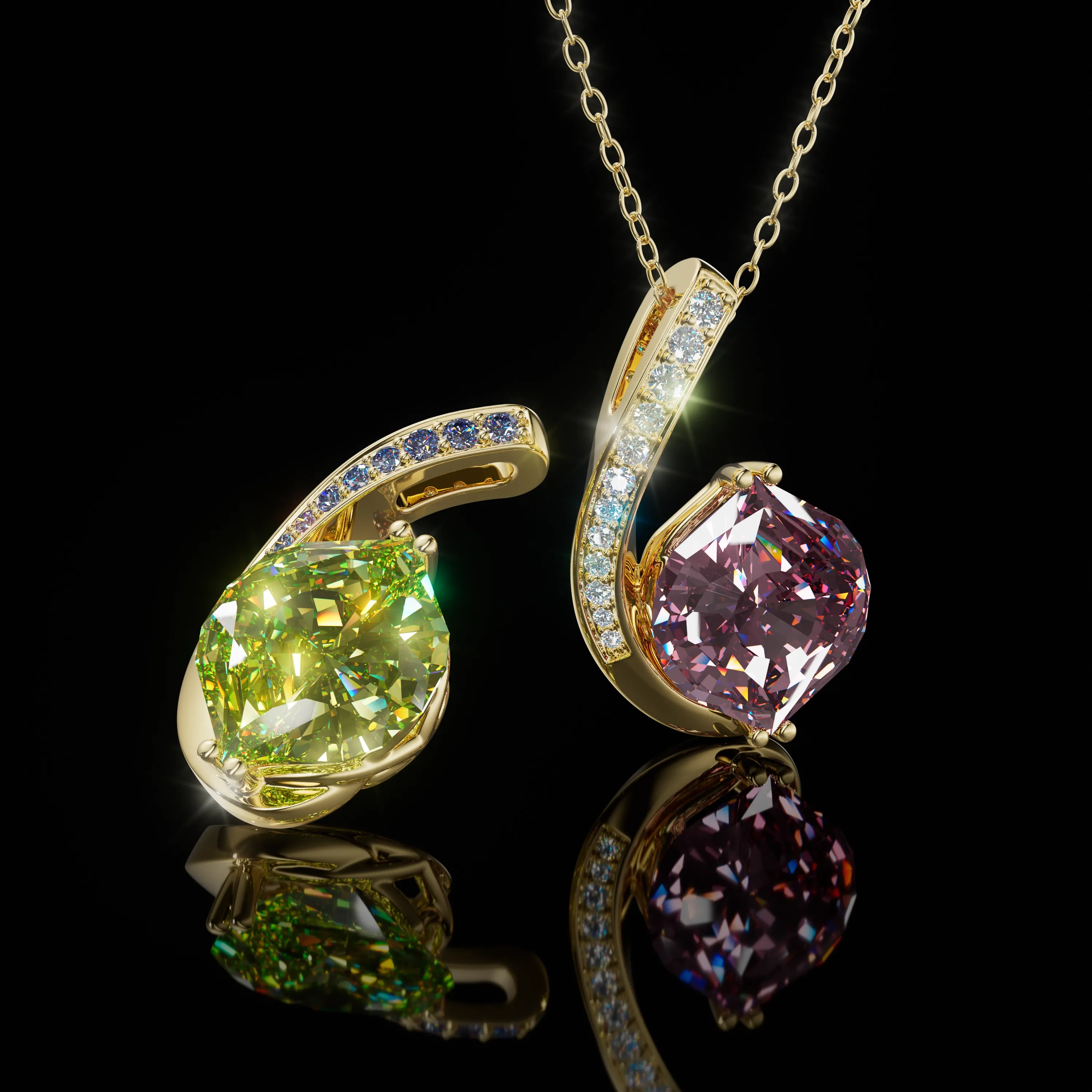 Gold pendant designs with green and rose-colored faceted stones against a black background