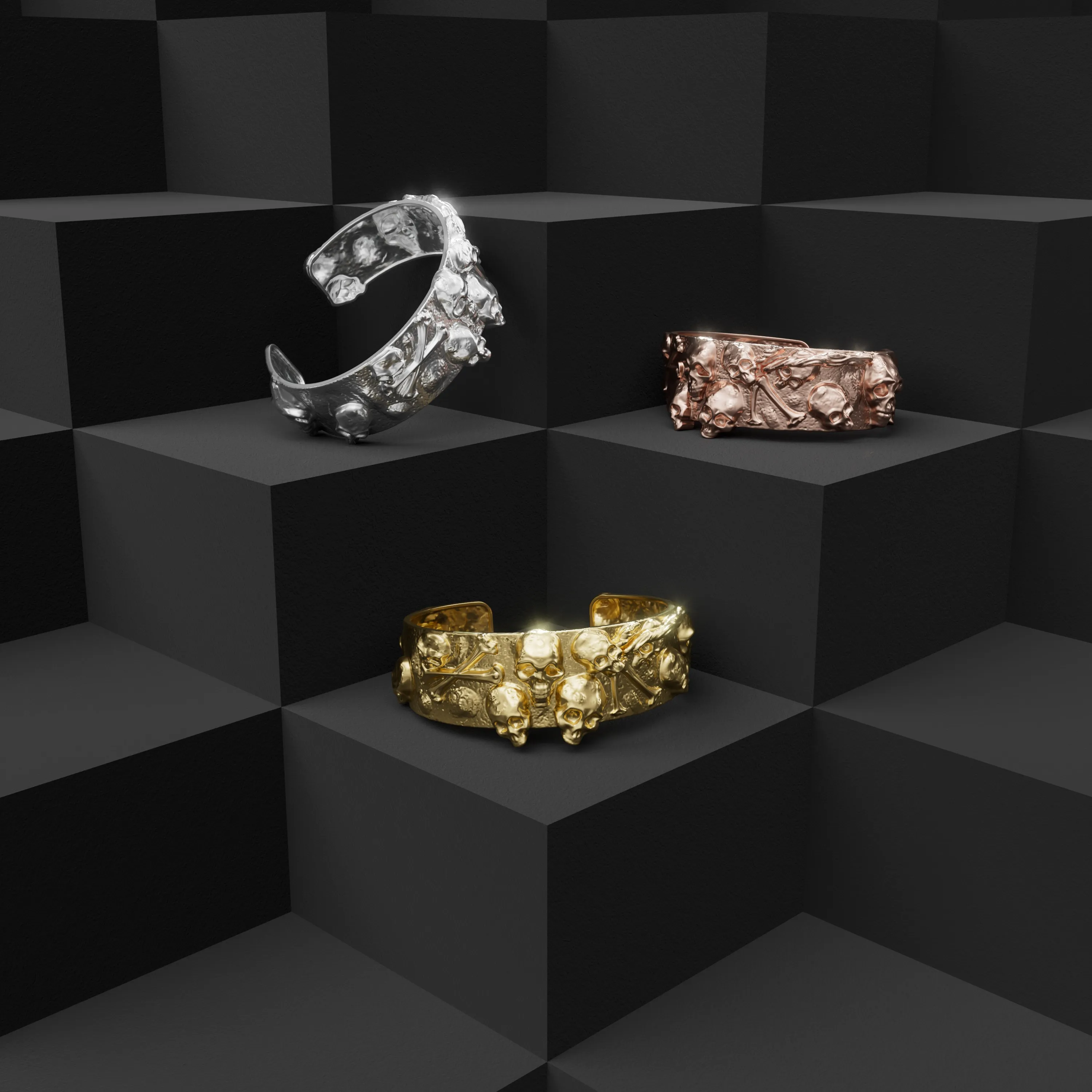 Three skull-and-bone bangles in silver, rose gold and gold on a dark geometric background