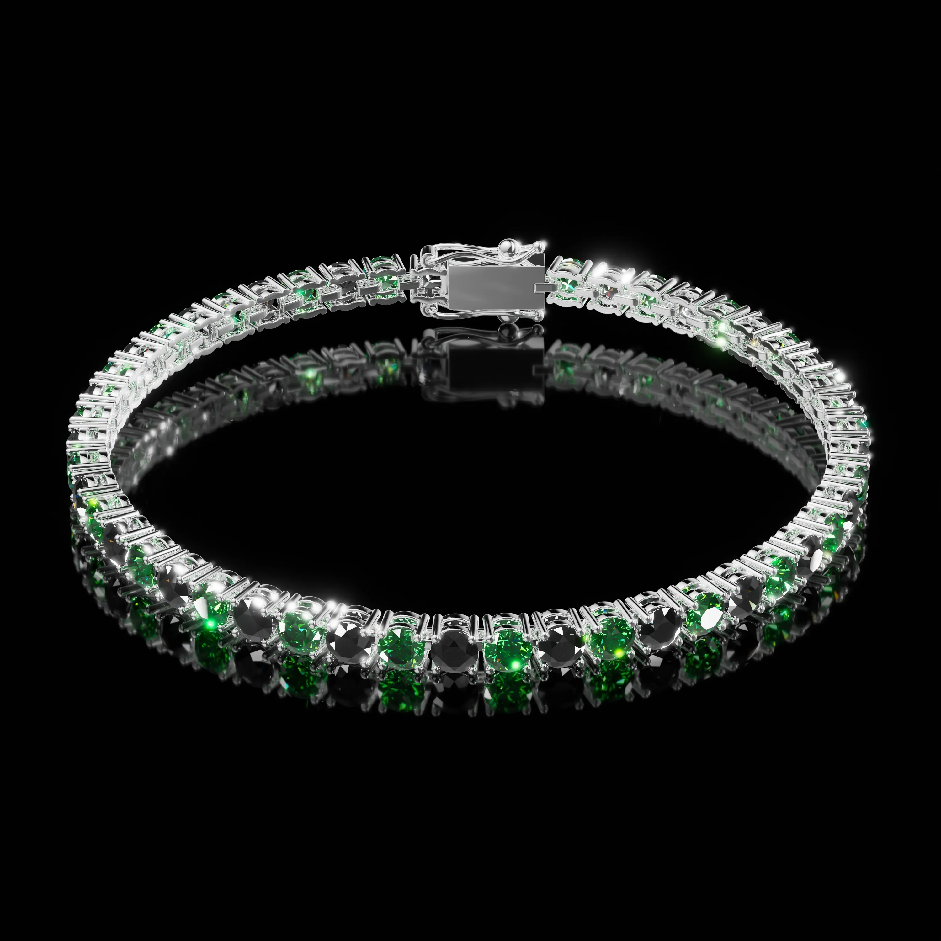 Silver tennis bracelet with green stones arranged in a circle on a black background
